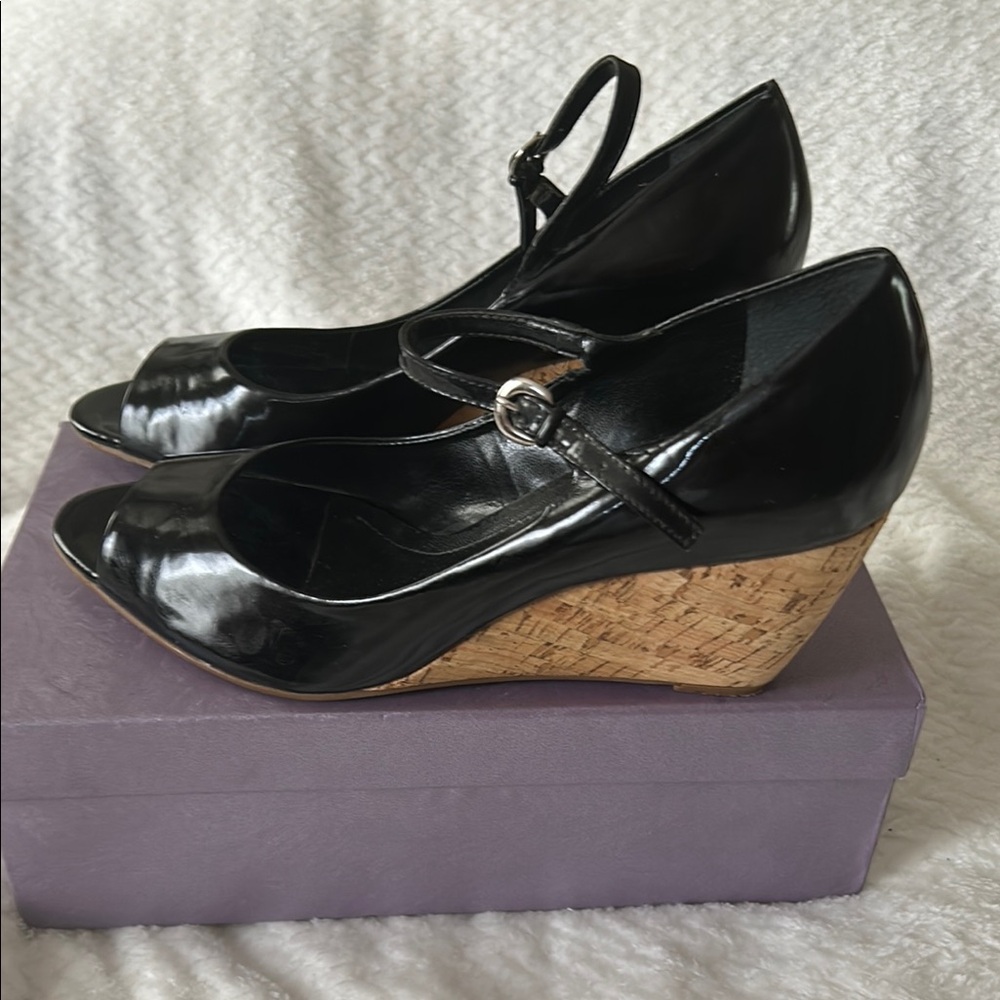 Franco Sarto Black Wedge Sandals with Cork Heel